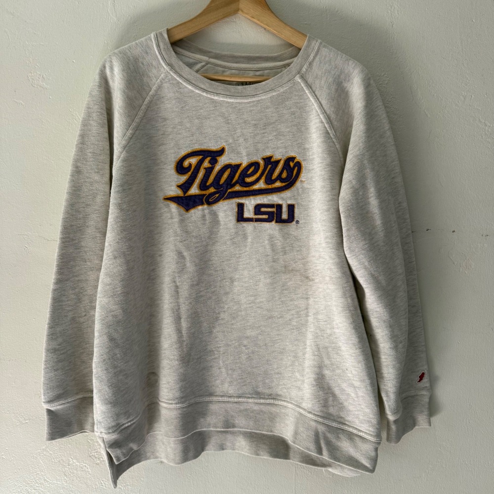 League LSU Tigers Sweatshirt Gray Embroidered Pullover Large NCAA Crewneck